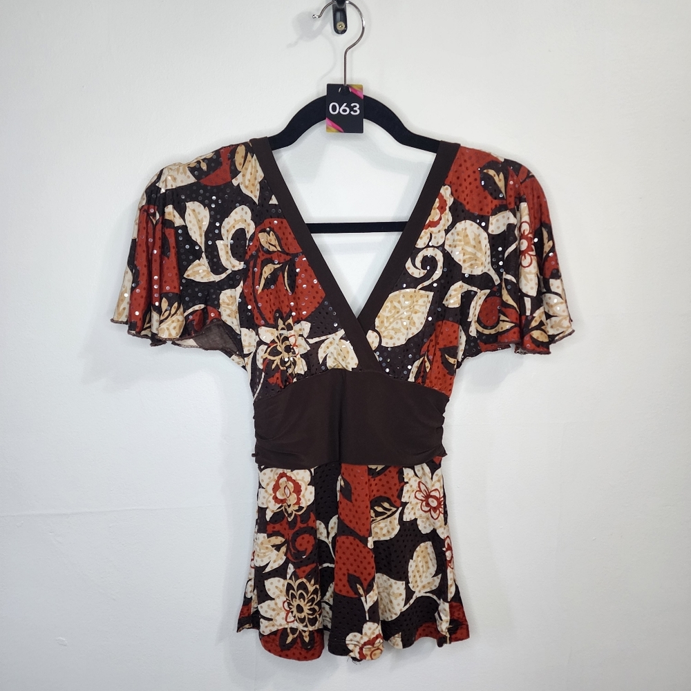 063 sequin cross over tie up neutral patterned top